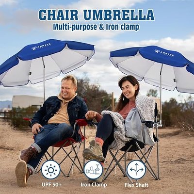 AMMSUN Chair Umbrella with Universal Clamp Adjustable 47 inches and 360° Swivel & UPF 50+ Protection Portable Sun Umbrella, Secure Clip on Camping/Beach Chairs, Stroller, Wheelchair, Golf cart, Lounger, Blue, 2 PACK