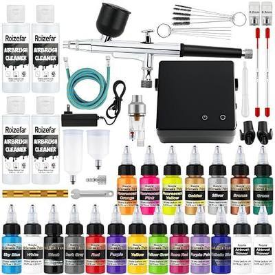 Roizefar Airbrush Kit with Compressor & 18 Colors Paints, 55 PSI Non-Clogging Gun with 0.2/0.3/0.5mm Nozzles, 4 x 3.38fl oz Cleaner, 2 x 0.67fl oz Thinner & Cleaning Set, Ideal for Modeling & Crafts