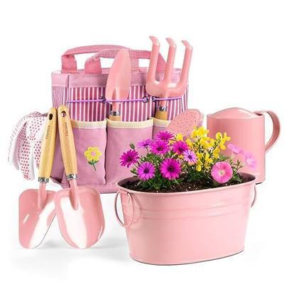 8Pcs Kids Gardening Set with Metal Basket & Real Metal Tools, STEM Outdoor Exploration Kit, Ergonomic Wooden Handles, 3 Shovels, Rake, Watering Can, Gloves, Toy Gift for Toddler Boys Girls