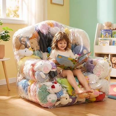 Clear Stuffed Animal Storage Bean Bag Chair Cover for Kids - Waterproof Easy to Clean PVC Plush Toys Organizer with Zipper, Transparent Storage Bag & Comfy Seat, Extra Large Plush Toy Holder Seat(XL)