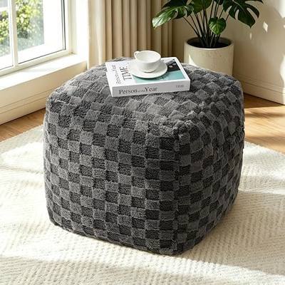 AELS Unstuffed Modern Pouf Cover for Living Room, Mid Century Modern Storage Bean Bag Cubes, Soft Faux Fur Checkered Ottoman Pouf Foot Rest Footstool, 18"x18"x19", Cover ONLY, Gray