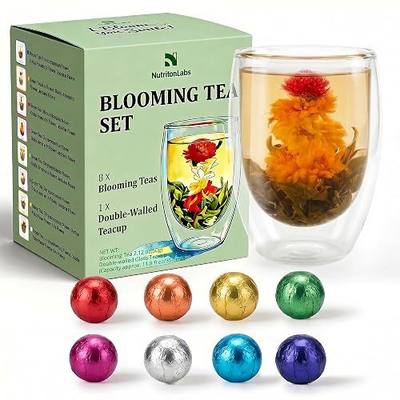 Blooming Tea Gift Set with Double-Walled Glass Teacup, 8 Handcrafted Flowering Tea Balls, Artisan Green Tea and Flower Varieties, Perfect Birthday and Anniversary Gift for Tea Lovers