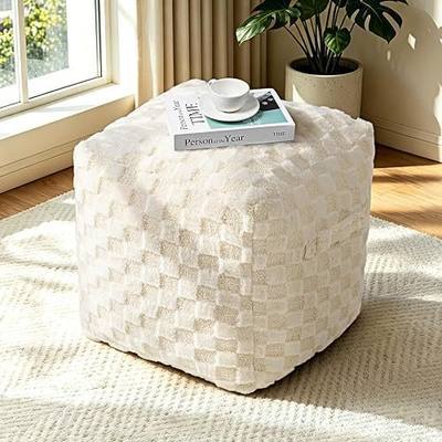 AELS Unstuffed Modern Pouf Cover for Living Room, Mid Century Modern Storage Bean Bag Cubes, Soft Faux Fur Checkered Ottoman Pouf Foot Rest Footstool, 18"x18"x18", Cover ONLY, Beige