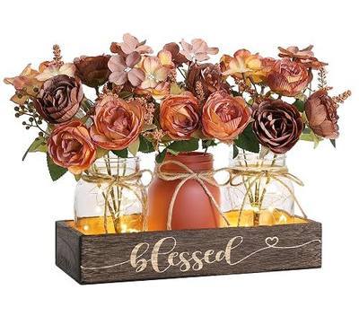 3 Pcs Mason Jar Centerpiece with Wood Tray & LED Light | Coffee Table Decor, Farmhouse Table Centerpieces, for Dining Room Kitchen Living Room, Friendship Gifts, Fall Decor, Orange