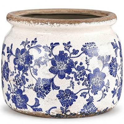 7.7" Large Vintage Ceramic Plant Pot Blue White Farmhouse Rose Crackle Glaze Rustic Flowers Planter Pot with Drainage for Indoor Outdoor Plants Kitchen Office Shelf Home Decor Gift