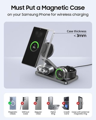 3 in 1 Foldable Magnetic Wireless Charging Station for Samsung, Wireless Charger Stand for Galaxy S26 Ultra S25/S24 /Note 20/Flip 7/Fold 7, for Galaxy Watch Ultra/8/7/6,Galaxy Buds 3/3 Pro