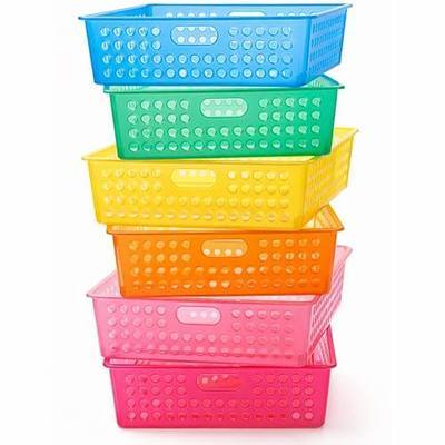 Geetery 6 Pack Classroom Storage Baskets with Handle,Translucent Colors | 14''x10'' Paper Tray Holds A4 Turn in Trays Plastic Paper Baskets Desk Organizer Bin for Classroom, Library, Office, Home