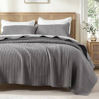 Exclusivo Mezcla Stripe Quilted Full Queen Quilt Bedding Set | Grey Lightweight Bedspreads, Soft Microfiber, All Season Coverlets Bed Cover (90"x96")