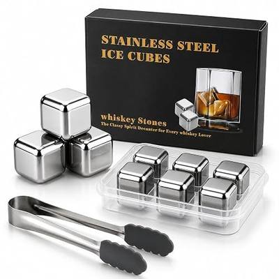 Stainless Steel Whiskey Stones 6 Pack, Reusable Metal Ice Cubes with Non-Slip Tongs & Freezer Tray, Chill Drinks Without Dilution for Whiskey, Bourbon, Scotch, Home Bar Set