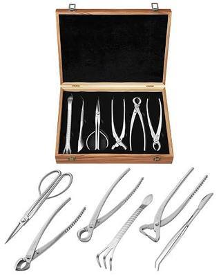 Bonsai Tool Set 6PCS with Wood Box, Stainless Steel Bonsai Tools | Concave Cutter, Knob Cutter, Pruning Shears, Trunk Splitter, Root Rake & Precision Tweezers for Pruning & Repotting
