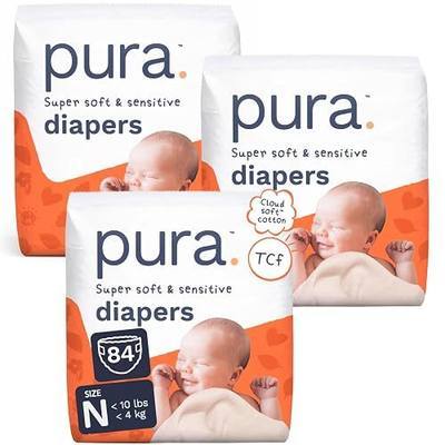 Pura Baby Diapers Newborn (Up to 10 lbs) 84 Count Sensitive Skin | Cloud Soft, Totally Chlorine Free*, Wetness Indicator, Umbilical Cutout, Allergy UK Certified