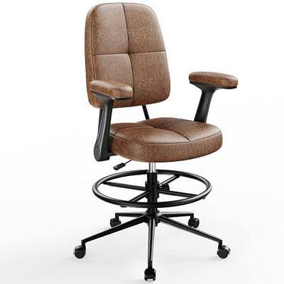 Marsail Ergonomic Drafting Chair for Standing Desk, 330lbs Heavy Duty Tall Office Chair with Adjustable Foot Ring & Flip-Up Arms, Comfort Brown Leather, 3.5" Thick Cushion