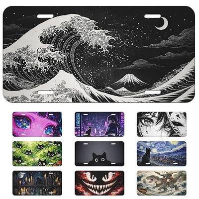 Japanese Sea Wave Front License Plate Anime Black Car Vanity Plates Decorative Aluminum Metal Cute Novelty License Plate Cover with 4 Holes for Men Women 6" X 12"