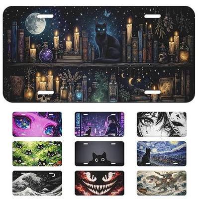 Black Cat Witchy Library Front License Plate Gothic Dark Academia Magic Car Vanity Plates Decorative Aluminum Metal Cute Novelty License Plate Cover with 4 Holes for Men Women 6" X 12"