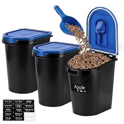 Maxdot 3 Sets 22lb Wood Pellet Storage Containers with Smoker Grill Pellet Label Stickers Spoon Locking Lid Charcoal Container Holds for Men Gift Smoker Charcoal Outdoor Grill Pellets Camping Party