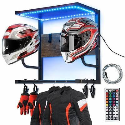 Motorcycle Helmet Rack Wall Mount with RGB Light, Heavy Duty Steel | Helmet Rack Wall Mount for Motorcycle Gear with RGB Light, Heavy Duty Steel Display Shelf for Jackets, Helmets & Accessories