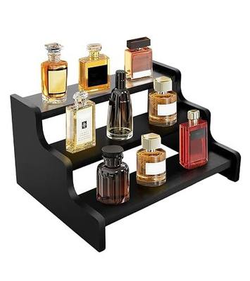 3 Tier Display Risers, Wooden Cologne Organizer for Men, Perfume Organizer Stand, Cologne Stand with Anti-Slip Washers, Wooden Display Shelf Stand for Dessert, Cupcake, Figure and Collection, Black, 3-tier-9.4in