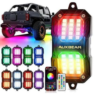 Auxbeam 8‑Pod RGB Rock Lights Brake Bluetooth+Remote 217° Wide Ultra Bright | Dual-Side Lighting Underglow Kit Music Voice Sync IP67 Waterproof Wheel Well Lights for Trucks Offroad RV 2 Years Warranty