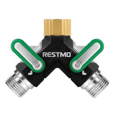 RESTMO 2 Way Garden Hose Splitter Heavy Duty Full Metal Body | Full Flow Design with Oversized Ball Valve, Y Outdoor Faucet Spigot Adapter with Extended Levers, 3/4" GHT Thread - Green