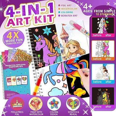 4-in-1 Princess Unicorn Craft Kit for Girls Ages 4-8, Foil Art, Scratch Art, Watercolor Painting & Coloring Activities, Creative DIY Arts and Crafts Set, Travel Activity for Home and Road Trips