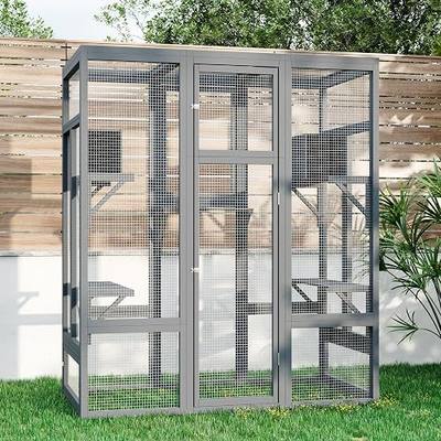 69 Inch Catio Outdoor Cat Enclosure, Large Cat House for Outdoor Cats with Enhanced Security Structure, Outside Cat Patio Cattery Weatherproof for Multiple Indoor Outdoor Cats, Grey
