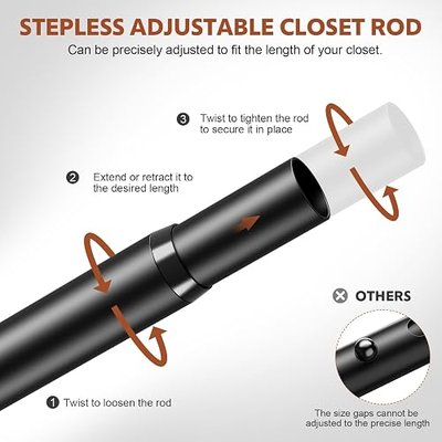Closet Rods for Hanging Clothes, 17-84 Inch Stepless Adjustable Closet Rod, 1.3 Inch Heavy Duty Metal Clothes Hanging Rod, Expandable Closet Bar Hanger Rod Black for Closet Wardrobes Laundry RV