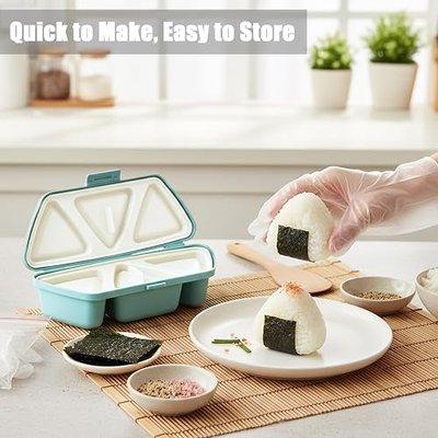 6-in-1 Onigiri Mold Set, Triangle Rice Ball Mold, with 100 Disposable Plastic Gloves, Make 6 Onigiri at Once, Non-Stick Easy Release, Easy to Clean (Blue)