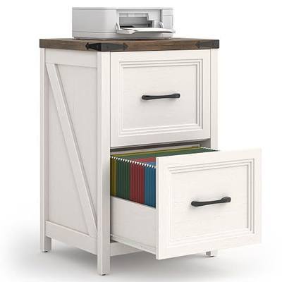Vabches 2 Drawer Vertical File Cabinet, Wood Farmhouse Filing Cabinet Fits A4/Letter Size, Under Desk Small File Cabinets Printer Stand with Storage for Home Office, White and Brown