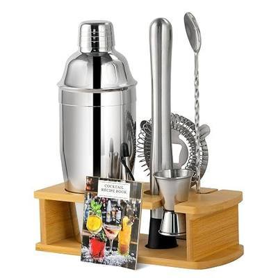 ZPUFAW 8-Piece Cocktail Shaker Set with Wooden Stand Bartender Kits Bar Set | 24oz Shaker, Strainer, Muddler, Jigger, Mixing Spoon, Pour Spout, Recipe Book, Stainless Steel Shaker Set Housewarming Gift