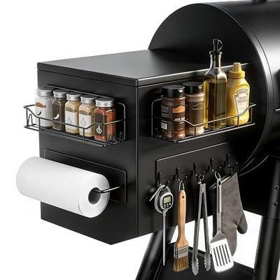 Magnetic Grill Caddy with Bins, BBQ Tool Organizer with Paper Towel Holder | Magnetic Grill Organizer, Magnetic Storage Rack, Fits Most Metal Gas Grills, Pellet Grills & Smokers