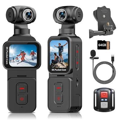 Vlogging Camera with 270° Motorized Rotating Lens and Face Tracking, 5K Portable Wearable POV Body Cam for Solo Creators and Travel, External Mic, Remote and 64GB Memory Card Included