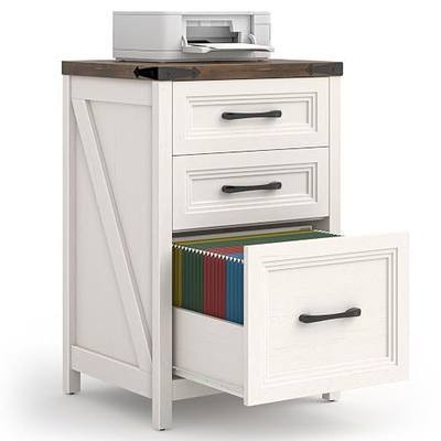 3 Drawer Vertical File Cabinet, Wood Farmhouse Cabinet, White and Brown | Filing Cabinet Fits A4/Letter Size, Under Desk Small File Cabinets Printer Stand with Storage for Home Office