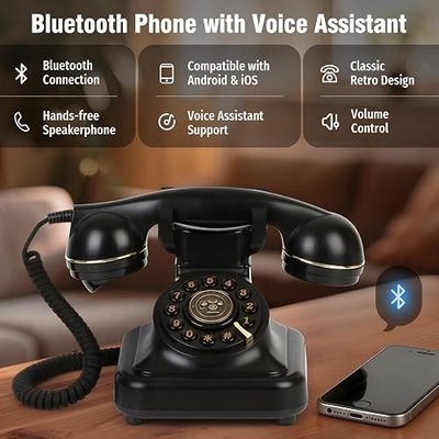 Bluetooth Retro Phone with Voice Assistant, Bluetooth Landline Phone Compatible with Android & iOS, Wireless Bluetooth Physical Home Phone Telephone with Speakerphone & Volume Control,Black