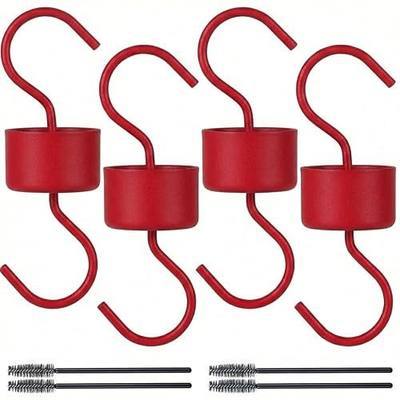 Metal Ant Moat for Hummingbird Feeders (4 Pack), Ant Guard Hook with Leak-Proof Design, Includes 4 Cleaning Brushes, Weather-Proof Red Metal Hooks for Outdoor Bird Feeding Supplies