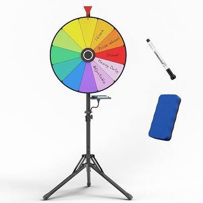 16" Prize Wheel, Spin the Wheel Game with Adjustable Stand | 12 Dry Erase Prize Slots, 48"-60" Adjustable Height, 2 Markers & Eraser for Carnivals, Classrooms, Trade Shows & Parties