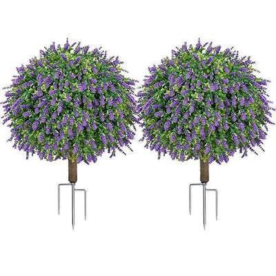 25.4" Artificial Boxwood Topiary Ball Trees with Lavender | Set of 2 Fake Evergreen Shrubs with Metal Ground Spikes, UV Resistant Fake Plants for Outdoor Front Porch Patio Decor