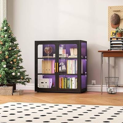 pozdeg Display Cabinet with Glass Doors and RGB Lights for Collectibles | 34" Curio Cabinet with 2 Adjustable Shelves, Showcase Display Case for Toys, Books, Figures, Exhibit, Black