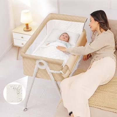 Bassinet Bedside Sleeper, Baby Bassinet with Crib Sheet and Wheels | 4 Adjustable Height Bedside Crib with Comfy Mattress, Breathable Mesh Baby Crib for Newborn, Khaki, MinoBub