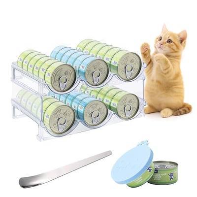 Cat Can Storage Organizer for Pantry, High Clear Acrylic Dog Canned Food Storage Rack 2 Tier Stackable Shelf for Pet Cans Dispenser with Can Cover Lid and Spoon