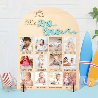 Weysat The Big One My First Year Photo Board, Wood 3D Surf One Year of Photo 12 Months Monthly Milestone Board Picture Display Frame 1st Birthday Decorations Gift Summer Beach Nursery Decor