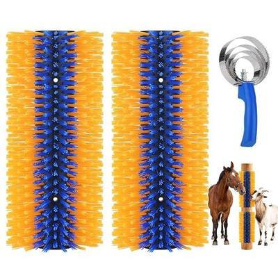 Livestock Scratching Brush 2 Pack, Horse Goat Brush Heavy Duty Scratcher Supplies with Stainless Steel Curry Comb for Barn Pasture Horse, Goat, Cattle, Pig Massage Grooming Itch Relief -17.35×7.5 In
