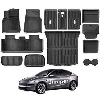Weize 2025 2026 Tesla Model Y Juniper All Weather Cargo Liner Floor Mats 9 PCS & Double Layer Center Console Organizer 4 PCS, Full Coverage Tesla Interior Accessories Kit(Not for Standard)