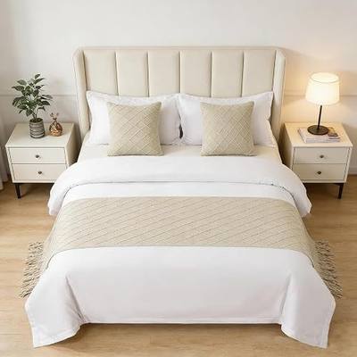 Knit Bed Runner Queen Size Beige Woven Bed Runner Scarves with Tassel Boho Home Decorative for Bedroom Hotel (91 x 24 Inches, 1 Piece)