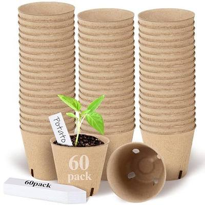 Peat Pots,60 Pcs 3.15 Inch Seed Starting Pots with Drainage Holes Round Nursery Plants Pots with Bonus 20 Plant Labels (3.15 Inch)