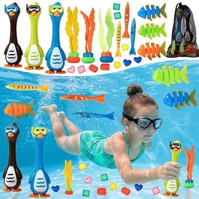 Penguin Diving Toys for Pool, Sinking Pool Diving Toys Underwater Treasure Hunt Game Set with Gems & Storage Bag, Swimming Pool Toys for Kids Ages 4-8 8-12