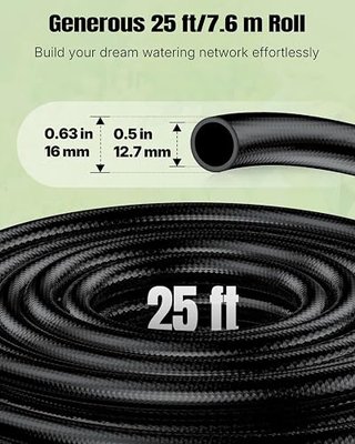 Pawfly 1/2 Inch Drip Irrigation Tubing Main Tube (25 ft Roll), 1/2 Irrigation Tubing, Blank Distribution Tubing for Drip Irrigation System, Flexible PVC Main Line Drip Irrigation Hose, Black