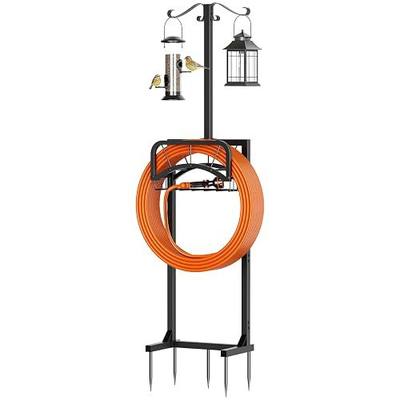 Garden Hose Holder for Outside, Upgraded Heavy Duty Freestanding Water Hose Holder Stand with 5 Spikes, Storage Basket & 2 Shepherd Hooks, Supports Up to 160 FT Hose for Yard Lawn