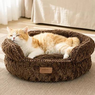 FUKUMARU Round Cat Bed, Plush Washable Calming Dog Bed with Low Entry | Raised Bolster Small Dog Bed, Soft Cozy Donut Cat Bed for Indoor Cats, Faux Rabbit Fur & Anti-Slip Bottom, 20 Inch, Brown