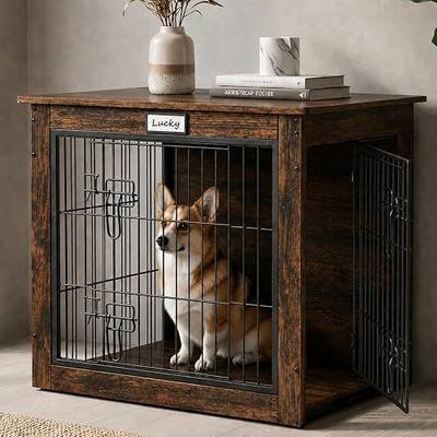 Dog Crate Furniture with Reversible Side Door, 28'' Heavy Duty Wooden Dog Kennel Indoor for Small Medium Dogs, Furniture Style Dog Cage with Double Locks, Steel Mesh, Rustic End Table Dog Crate
