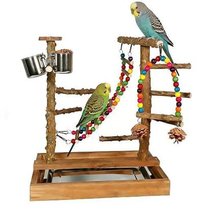 Wooden Bird Play Stand Parrots Playground Perch Stand with Bird Ladder Chewing Toys and 2 Stainless Steel Cups (Brown)